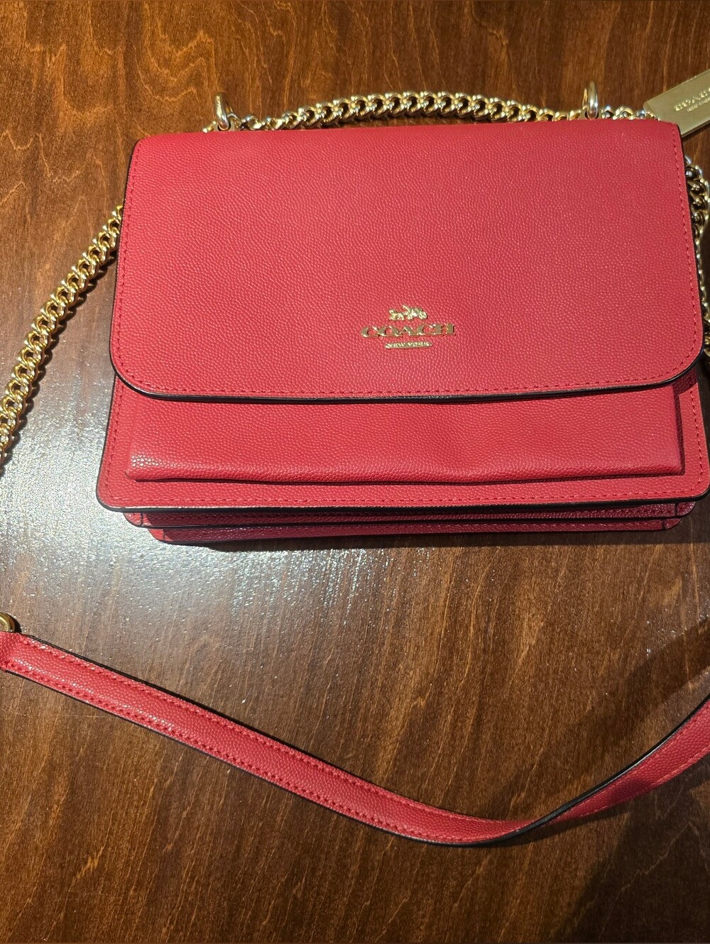 Coach NWOT Polished Pebble Leather Crossbody in Red with Gold Chain